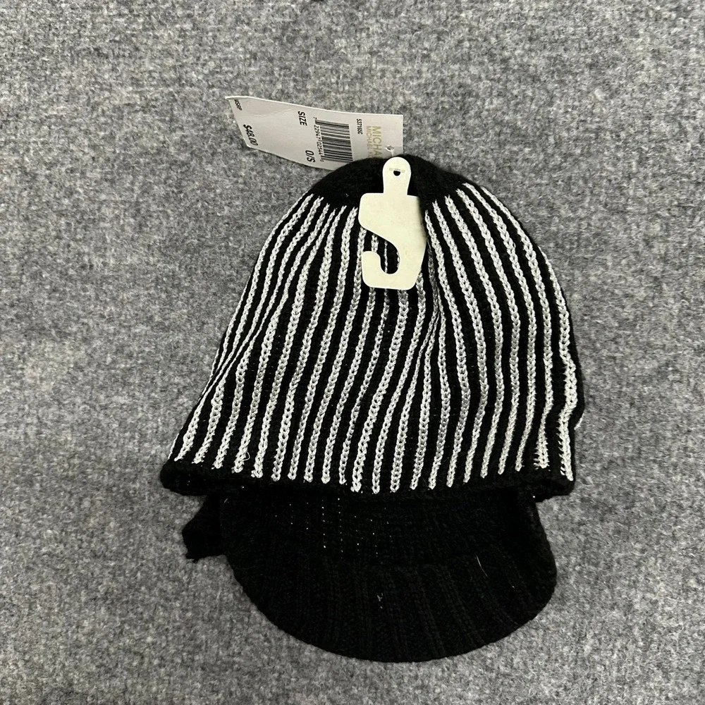 Michael Kors Hat Womens O/S Black Silver Metallic Viscose Knit Newsboy Cap New